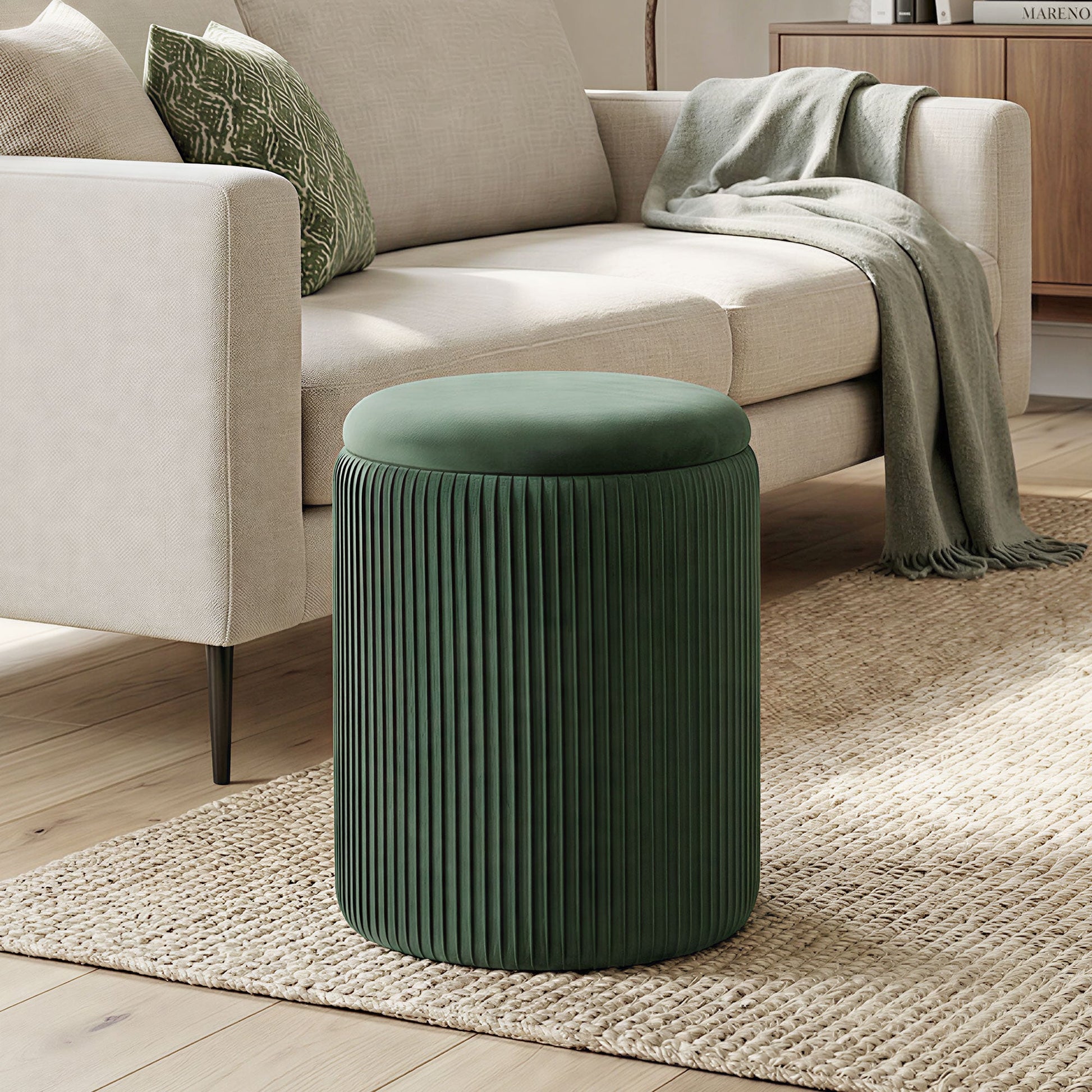 Round Storage Ottoman, Velvet-feel Fabric Upholstered Foot Stool with Removable Top, Padded Seat and Hidden Space for Living Room, Bedroom, Dark Green