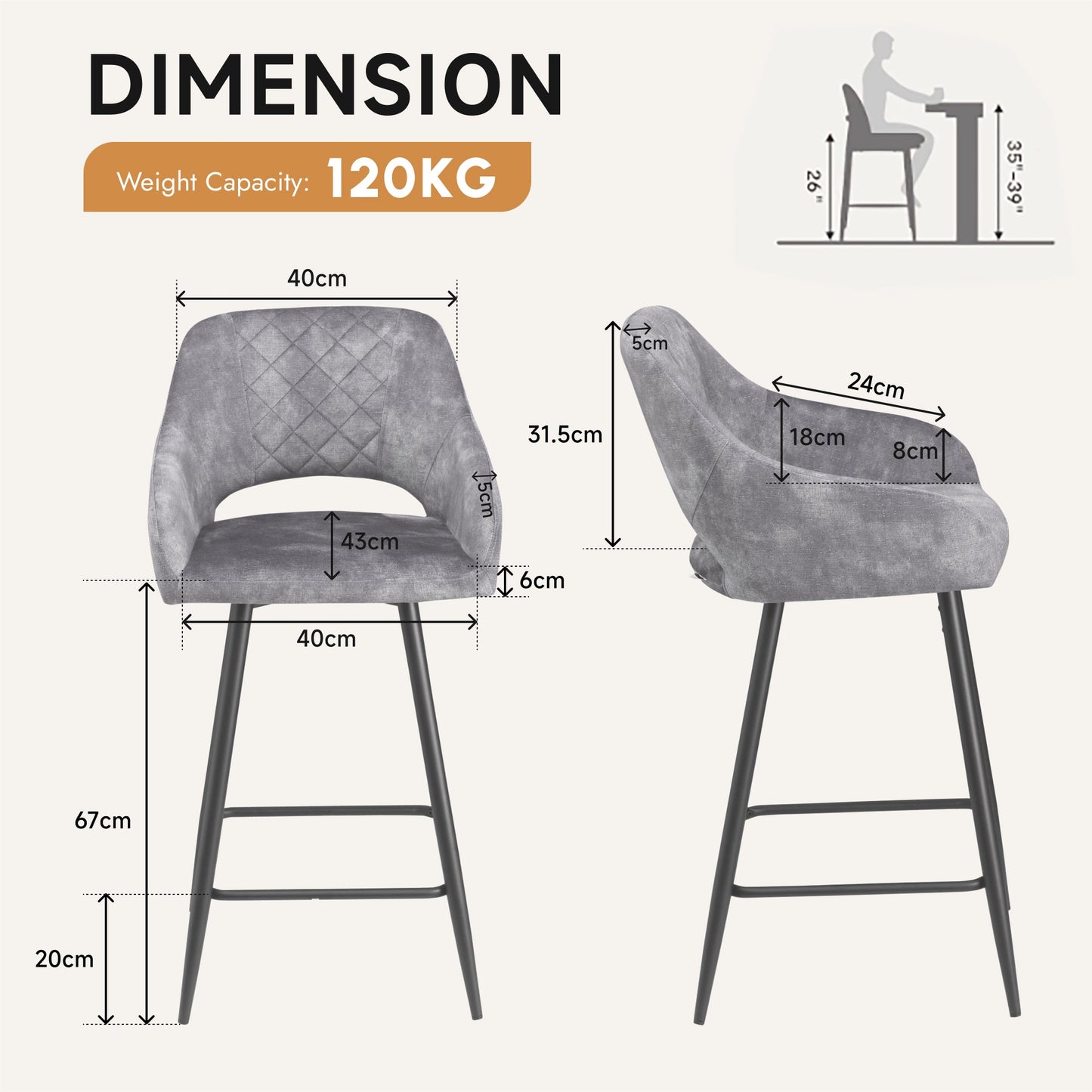 Aura Velvet Bar Stools Set of 2, Velvet-feel Fabric Counter Height Chairs with Steel Legs, Grey - HOMCOM