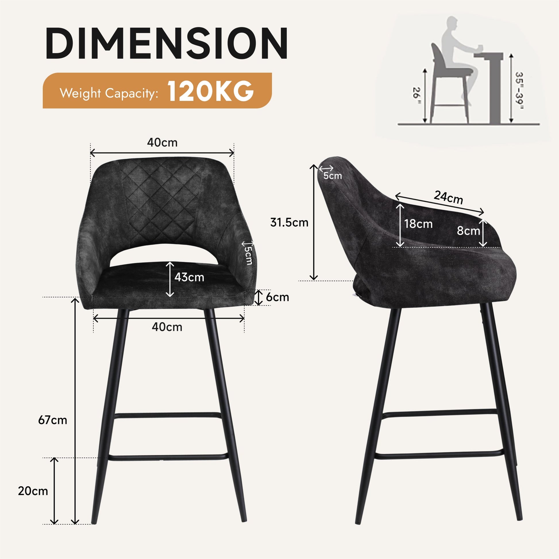 Aura Velvet Bar Stools Set of 2, Velvet-feel Fabric Counter Height Chairs with Steel Legs, Dark Grey - HOMCOM