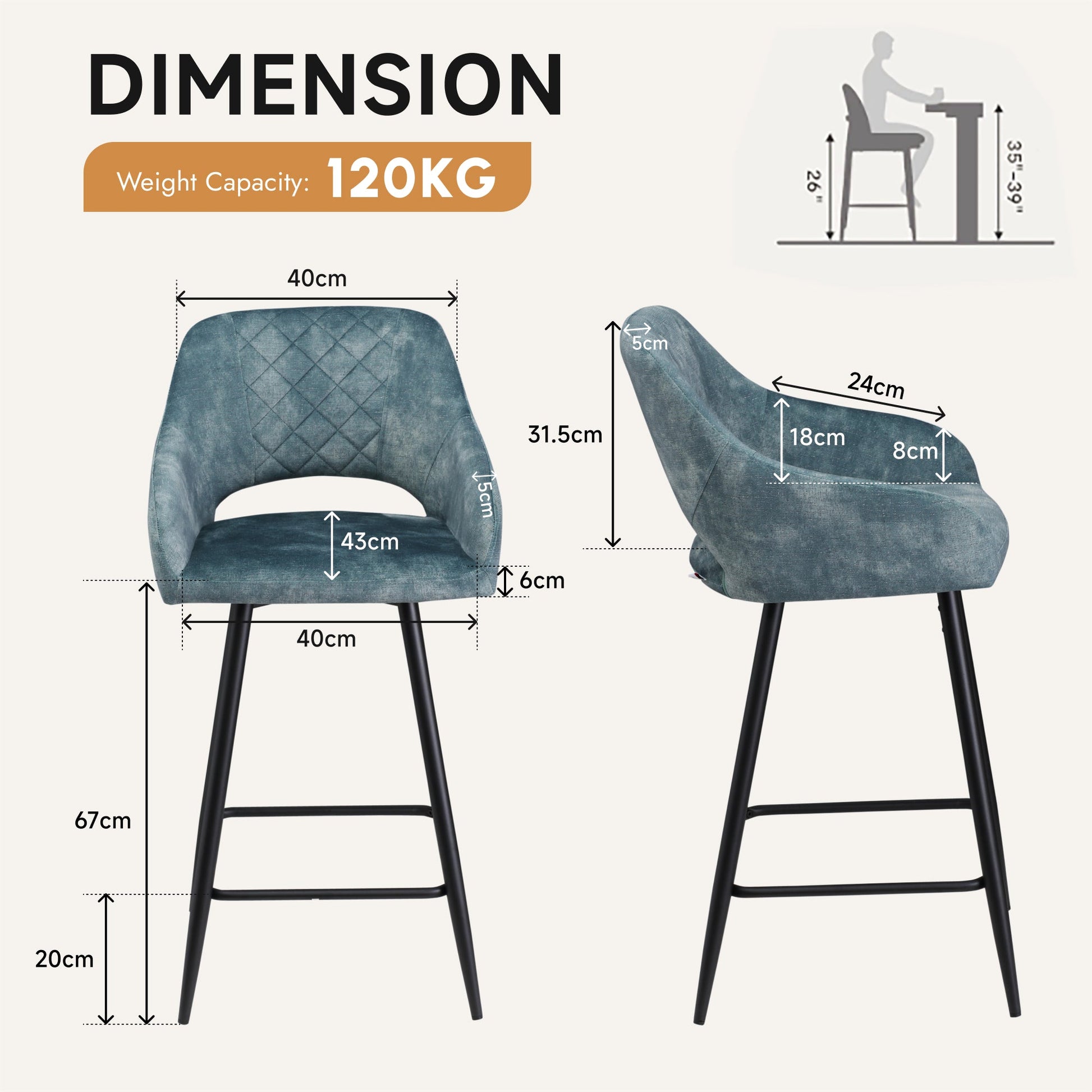 Aura Velvet Bar Stools Set of 2, Velvet-feel Fabric Counter Height Chairs with Steel Legs, Blue - HOMCOM