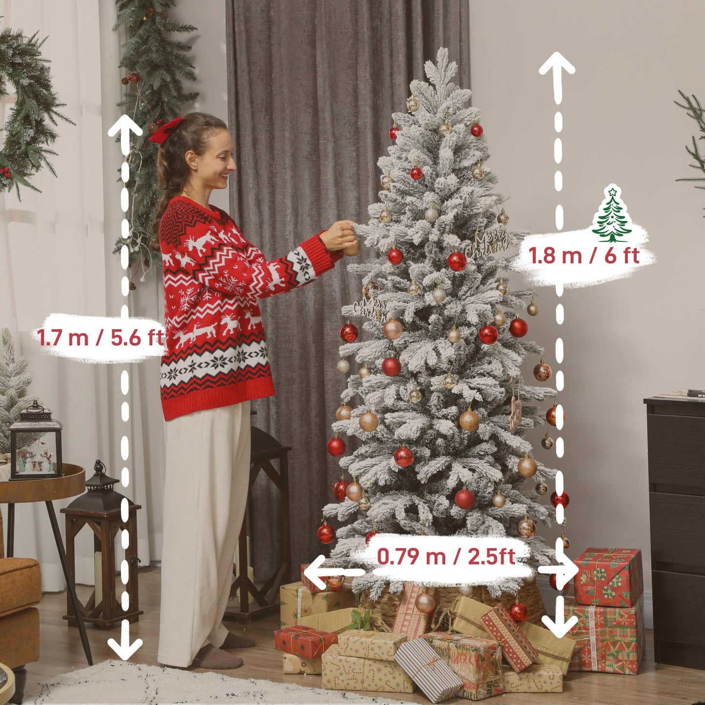 6ft Flocked Christmas Tree, Hinged Pencil Christmas Tree with 756 Tips, Realistic Branches, Easy Assembly, Slim Shape, Artificial Xmas Home Decoration, Green White