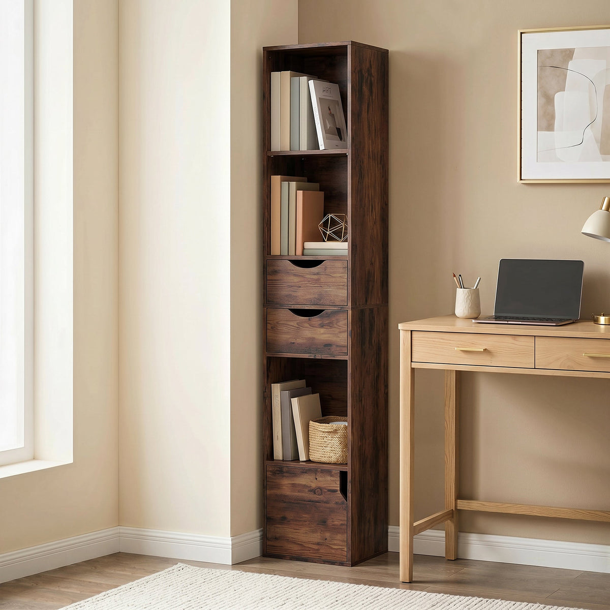 158 cm Bookcase with Drawers, 3-Tier Bookshelf, Slim Storage Cabinet with Doors, Adjustable Shelf for Living Room, Bedroom, Home Office, Rustic Brown