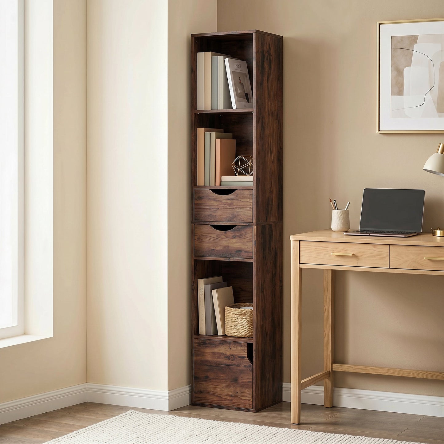 158 cm Bookcase with Drawers, 3-Tier Bookshelf, Slim Storage Cabinet with Doors, Adjustable Shelf for Living Room, Bedroom, Home Office, Rustic Brown