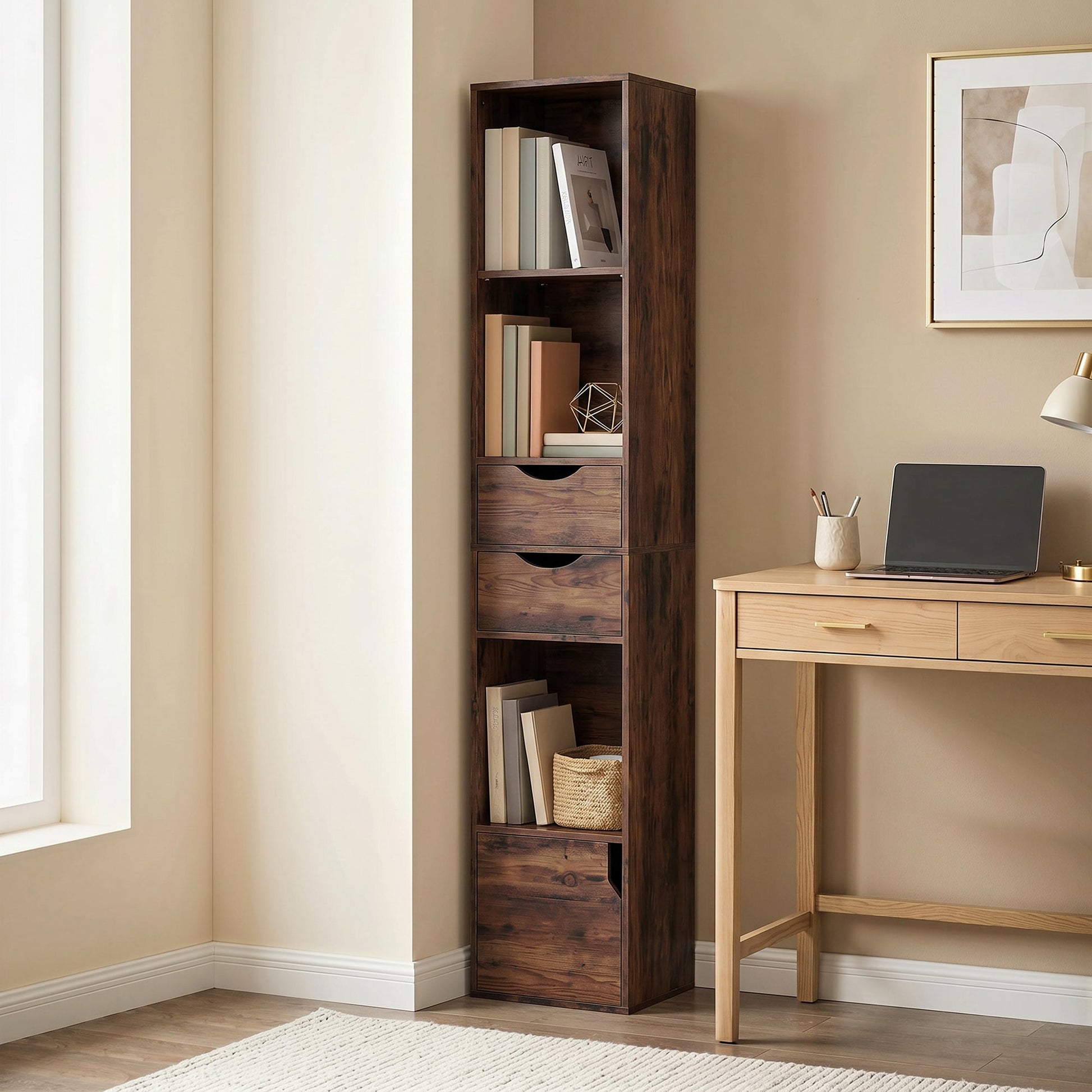 158 cm Bookcase with Drawers, 3-Tier Bookshelf, Slim Storage Cabinet with Doors, Adjustable Shelf for Living Room, Bedroom, Home Office, Rustic Brown