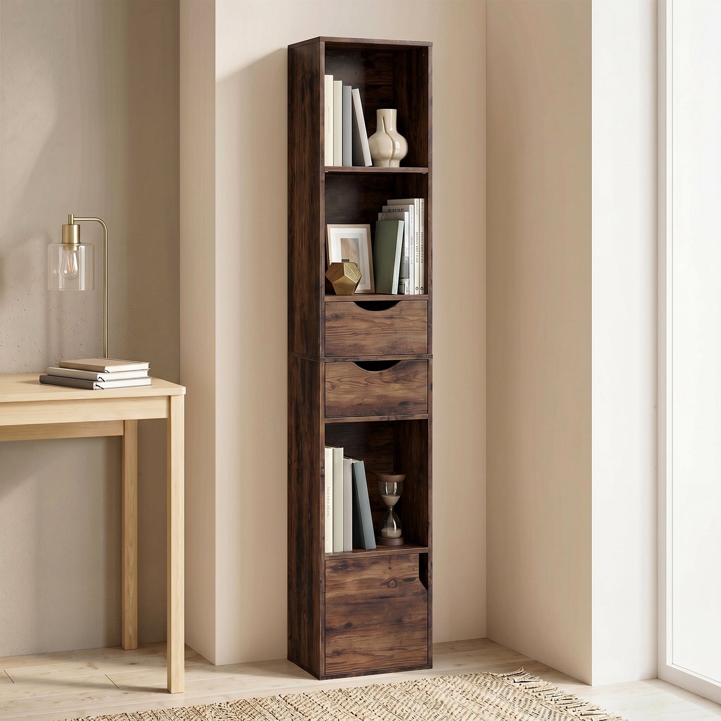 158 cm Bookcase with Drawers, 3-Tier Bookshelf, Slim Storage Cabinet with Doors, Adjustable Shelf for Living Room, Bedroom, Home Office, Rustic Brown