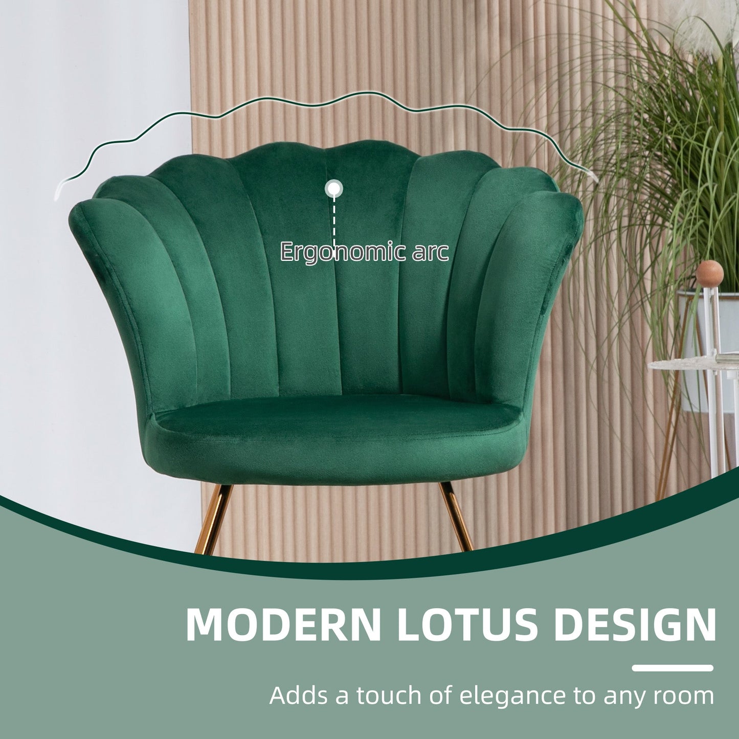 HOMCOM Modern Armchair, Velvet Tufted Accent Chair with Lotus Backrest, Occasional Chair with Steel Legs for Living Room, Bedroom, Green