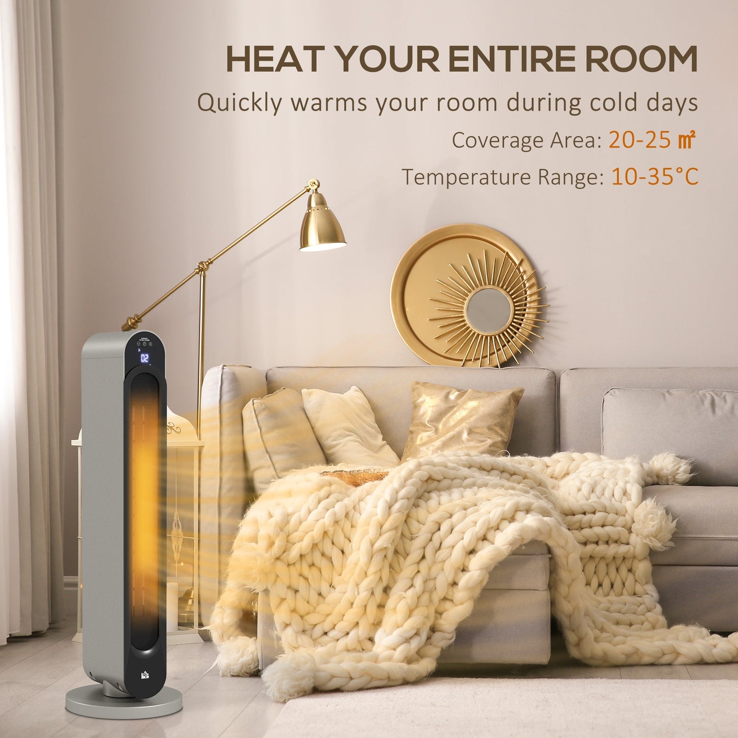 HOMCOM Electric Heater, 2200W Ceramic Heater with Remote, 3 Modes, Timer, 45° Oscillation, Space Heater for Home, Silver