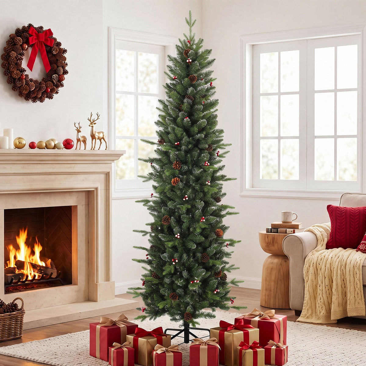 7ft/210cm Artificial Christmas Tree, Slim Gracious Pine Xmas Tree with 904 Branch Tips, Foldable Steel Stand, Easy Assembly for Home Office Holiday Decoration, Green