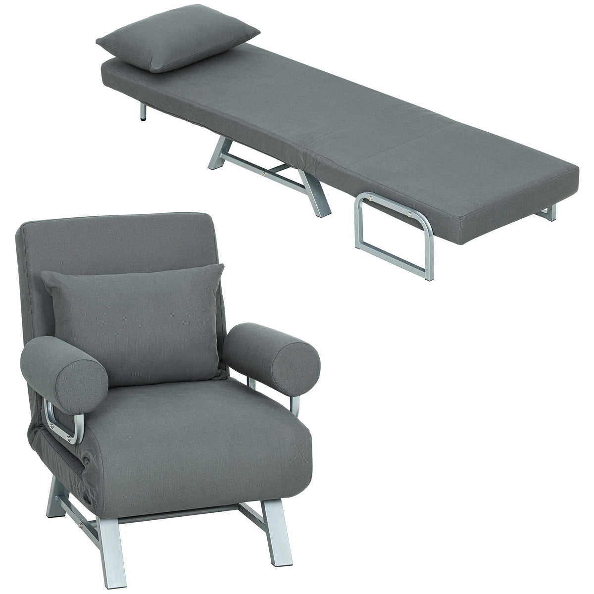 Single Sofa Bed, 3-in-1 Convertible Folding Chair Bed with Adjustable Backrest, Removable Armrests, Steel Legs, Linen Sleeper Chair for Living Room, Bedroom, Small Space, Dark Grey