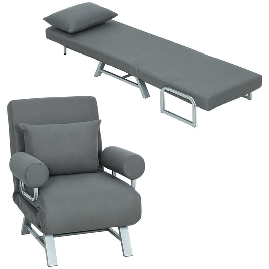 Single Sofa Bed, 3-in-1 Convertible Folding Chair Bed with Adjustable Backrest, Removable Armrests, Steel Legs, Linen Sleeper Chair for Living Room, Bedroom, Small Space, Dark Grey
