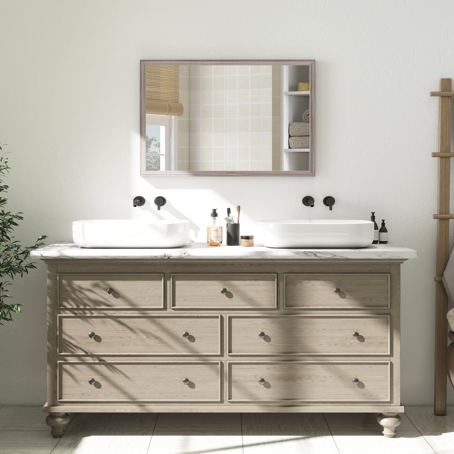 Decorative Rectangular Wall Mirror, 40W x 60H cm Wall-Mounted Bathroom Mirror for Living Room, Bedroom, Hallway, Grey Wood Grain