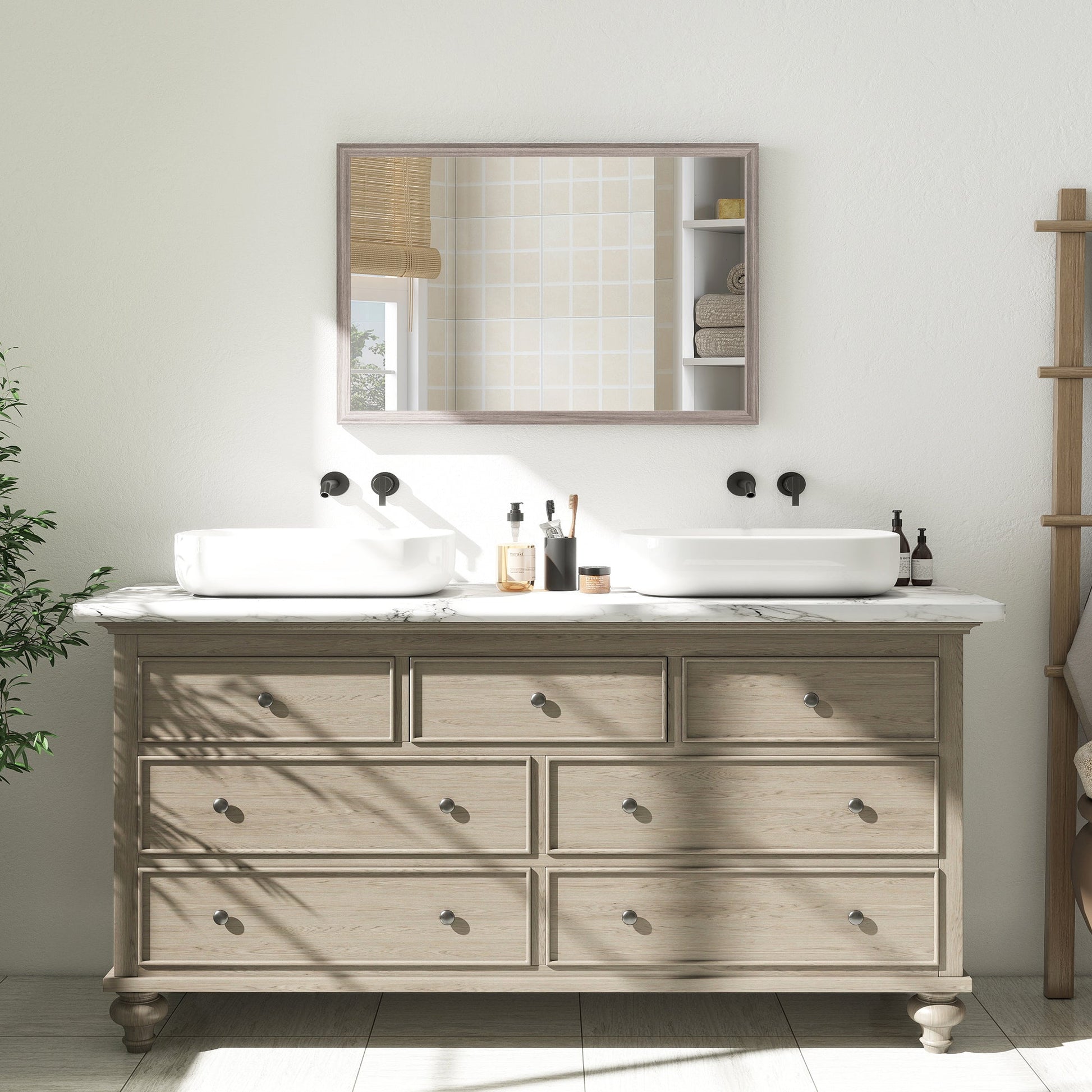 Decorative Rectangular Wall Mirror, 40W x 60H cm Wall-Mounted Bathroom Mirror for Living Room, Bedroom, Hallway, Grey Wood Grain