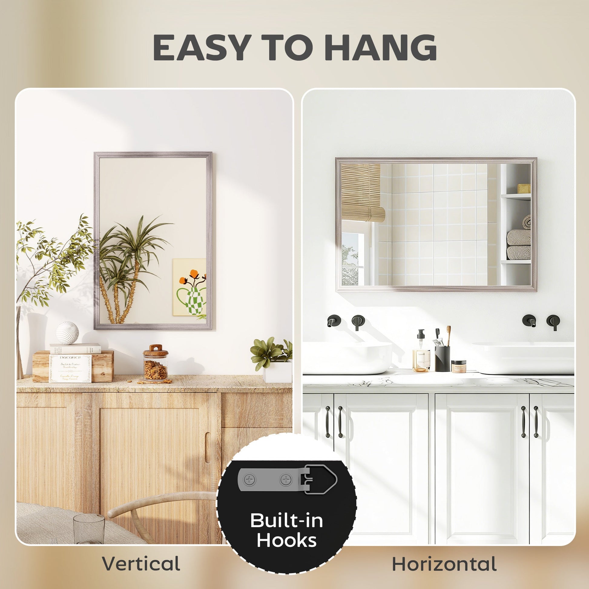 Decorative Rectangular Wall Mirror, 40W x 60H cm Wall-Mounted Bathroom Mirror for Living Room, Bedroom, Hallway, Grey Wood Grain