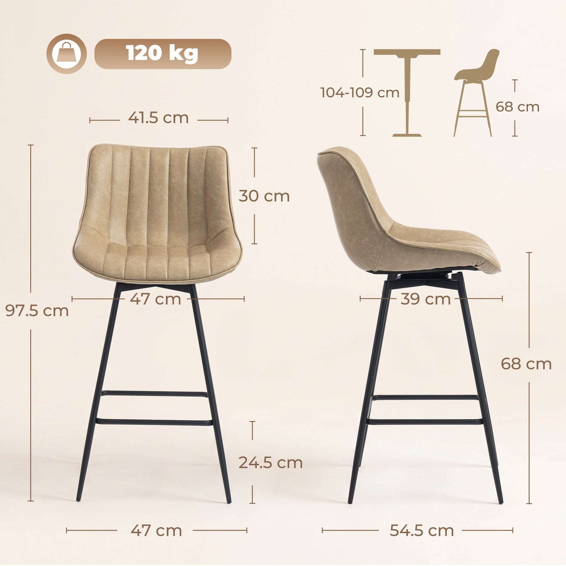 Swivel Bar Stools Set of 2, Textured Faux Leather Counter Stools with Backrest and Footrest, Height Adjustable Breakfast Chairs for Kitchen Island, Home Bar, Dining Room, Light Brown