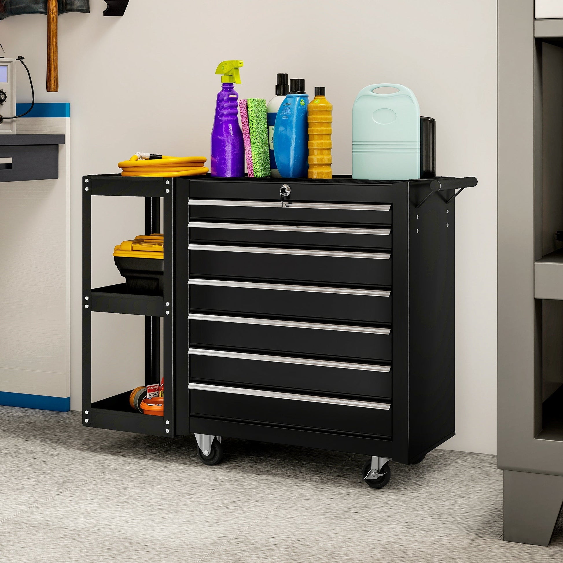 7 Drawer Tool Box, Lockable Steel Tool Chest on Wheels, Rolling Tool Cabinet with 7 Drawers and Handle for Workshop, Garage, Black