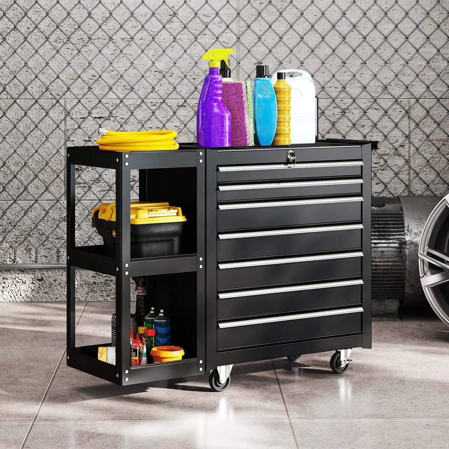 7 Drawer Tool Box, Lockable Steel Tool Chest on Wheels, Rolling Tool Cabinet with 7 Drawers and Handle for Workshop, Garage, Black