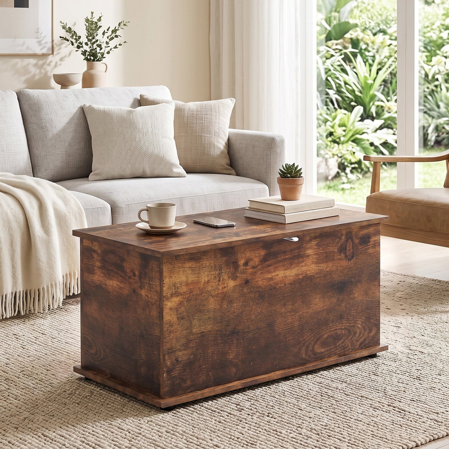 Storage Chest, Large 102L Blanket Box, Shoe Bench with Safety Hinged Lid, Storage Trunk, Bed End Bench for Bedroom, Hallway, Living room, Playroom, 80 x 40 x 45cm, Rustic Brown