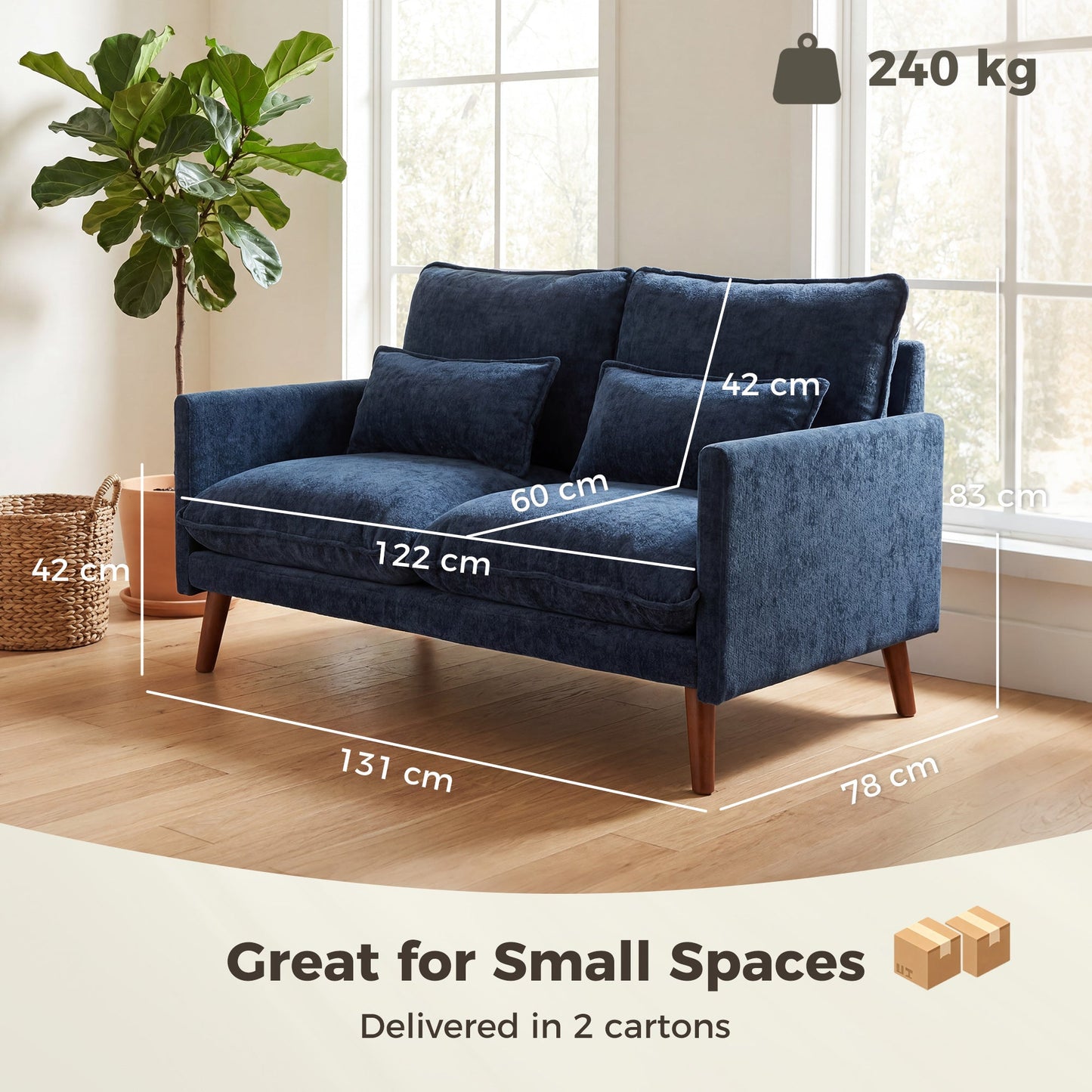 2 Seater Sofa, 131cm Velvet-Feel Fabric Loveseat Sofa with Spring Cushions, Wide and Deep Seat, Wood Legs, 2 Pillows, Modern Couch Settee for Small Space, Living Room, Bedroom, Office, Blue