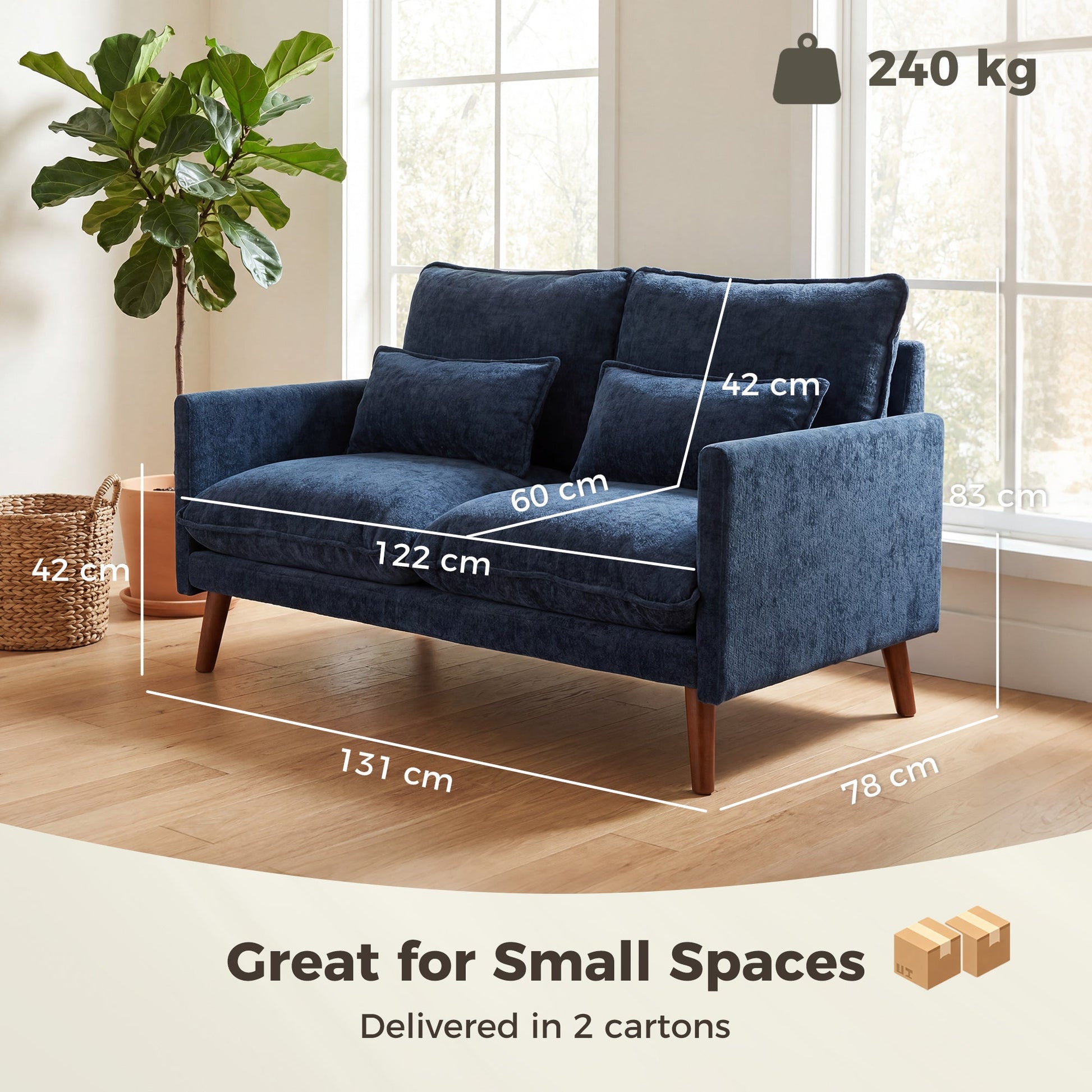 2 Seater Sofa, 131cm Velvet-Feel Fabric Loveseat Sofa with Spring Cushions, Wide and Deep Seat, Wood Legs, 2 Pillows, Modern Couch Settee for Small Space, Living Room, Bedroom, Office, Blue