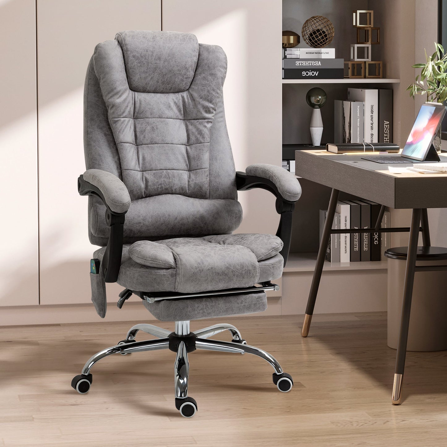 HOMCOM Heated 6 Points Vibration Massage Executive Office Chair Adjustable Swivel Ergonomic High Back Desk Chair Recliner with Footrest Grey