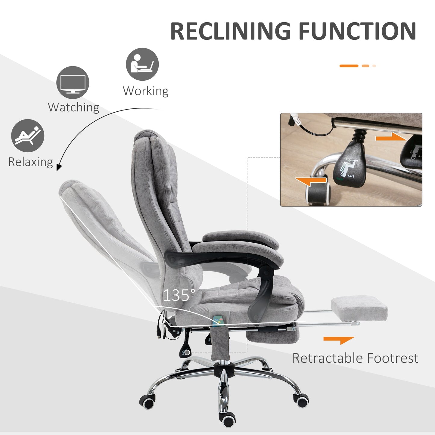 HOMCOM Heated 6 Points Vibration Massage Executive Office Chair Adjustable Swivel Ergonomic High Back Desk Chair Recliner with Footrest Grey