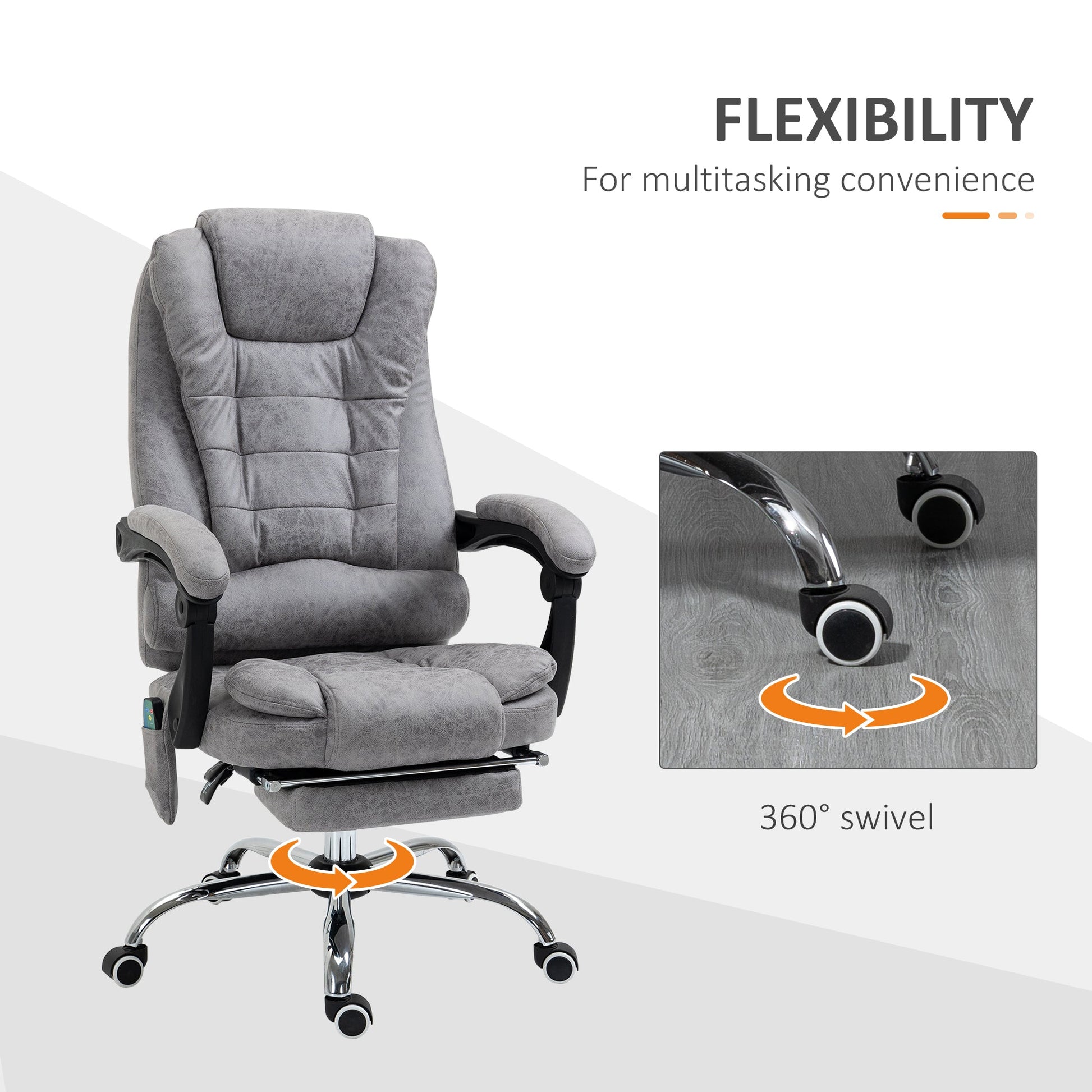 HOMCOM Heated 6 Points Vibration Massage Executive Office Chair Adjustable Swivel Ergonomic High Back Desk Chair Recliner with Footrest Grey