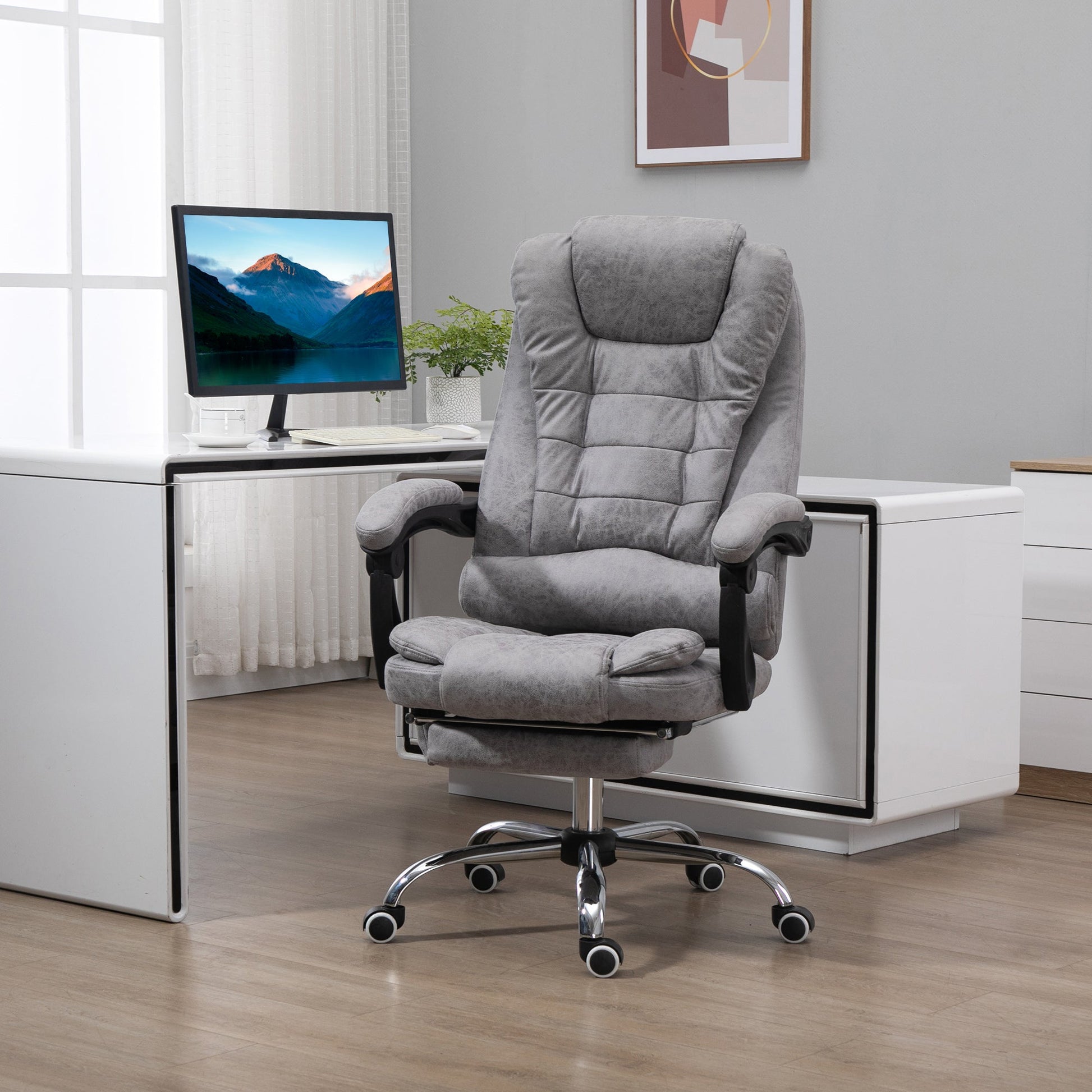 HOMCOM Heated 6 Points Vibration Massage Executive Office Chair Adjustable Swivel Ergonomic High Back Desk Chair Recliner with Footrest Grey