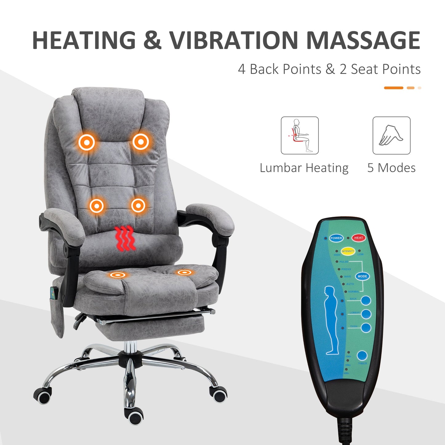 HOMCOM Heated 6 Points Vibration Massage Executive Office Chair Adjustable Swivel Ergonomic High Back Desk Chair Recliner with Footrest Grey