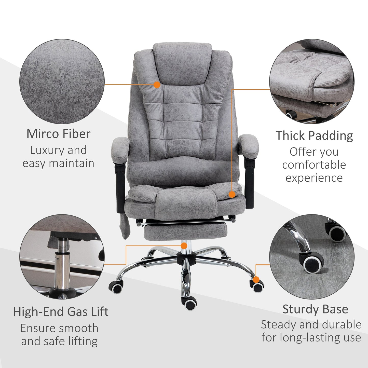 HOMCOM Heated 6 Points Vibration Massage Executive Office Chair Adjustable Swivel Ergonomic High Back Desk Chair Recliner with Footrest Grey