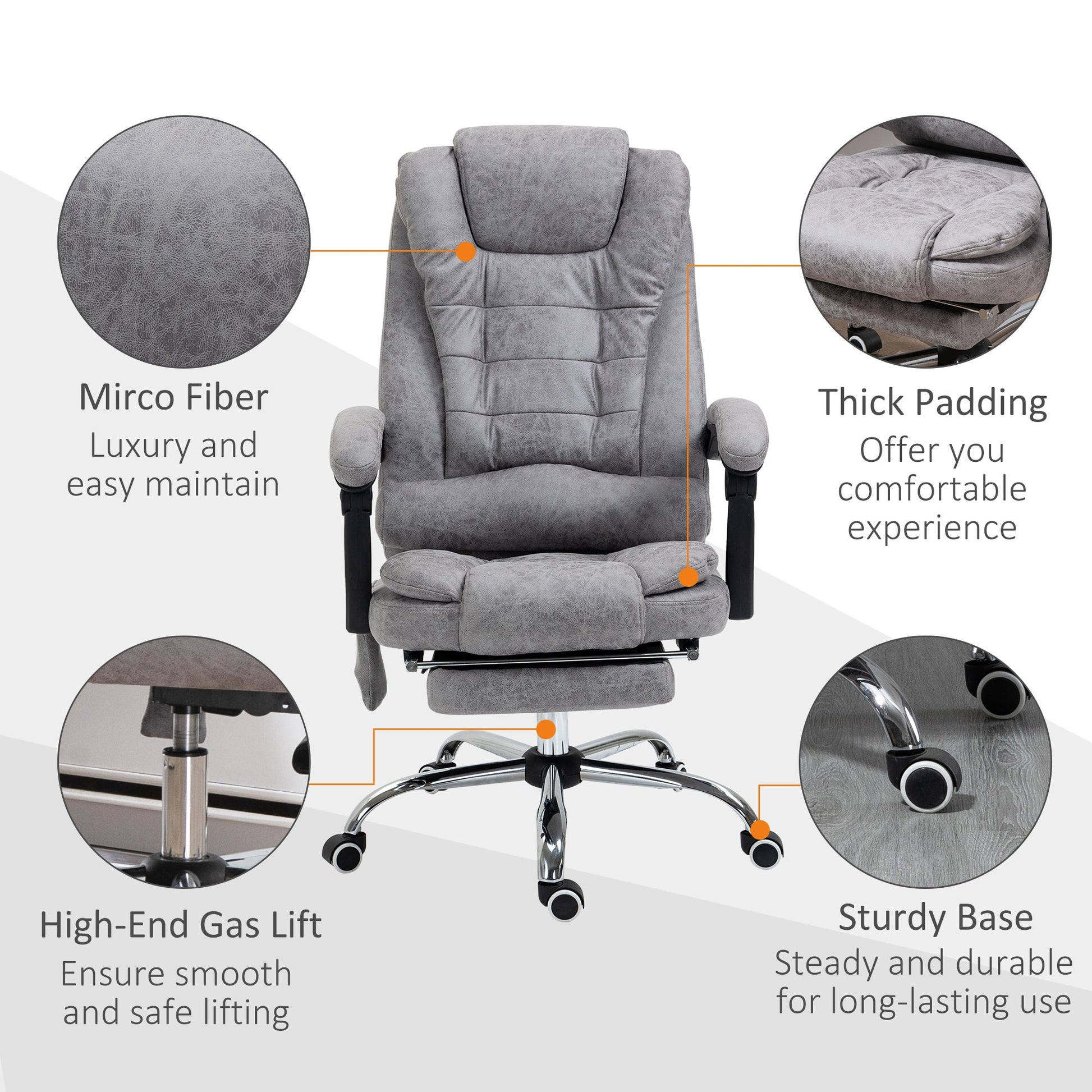 HOMCOM Heated 6 Points Vibration Massage Executive Office Chair Adjustable Swivel Ergonomic High Back Desk Chair Recliner with Footrest Grey