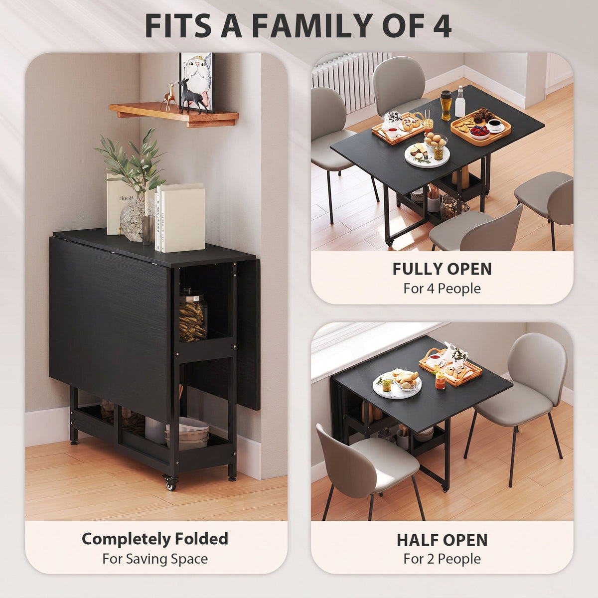 Folding Dining Table for 4, Space-Saving Drop-Leaf Kitchen Table with Storage Shelves and Wheels for Small Spaces, Dining Room or Kitchen, Black