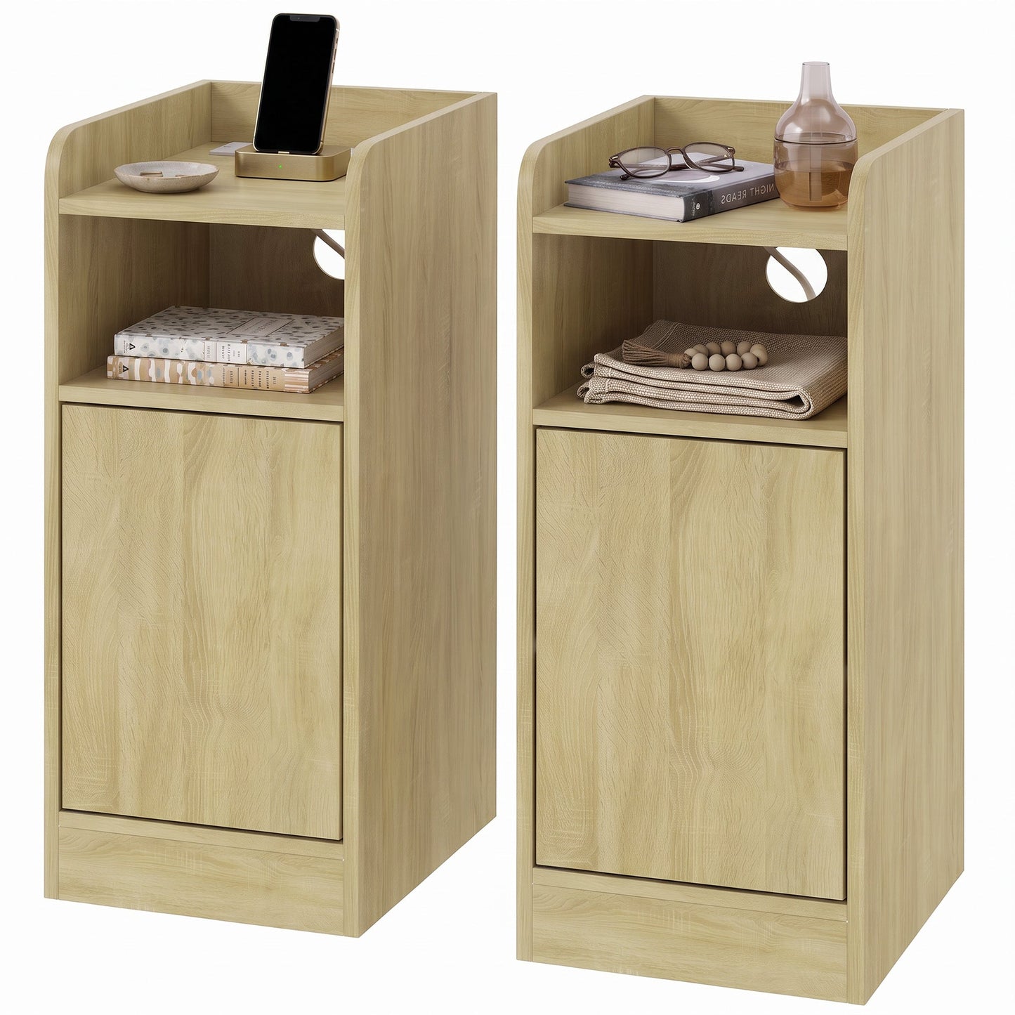 Slim Bedside Table Set of 2 with Charging Station, Narrow Bedside Cabinet with Open Compartment, Adjustable Shelf and Cupboard, Side End Table for Bedroom Living Room Compact Nooks, Oak
