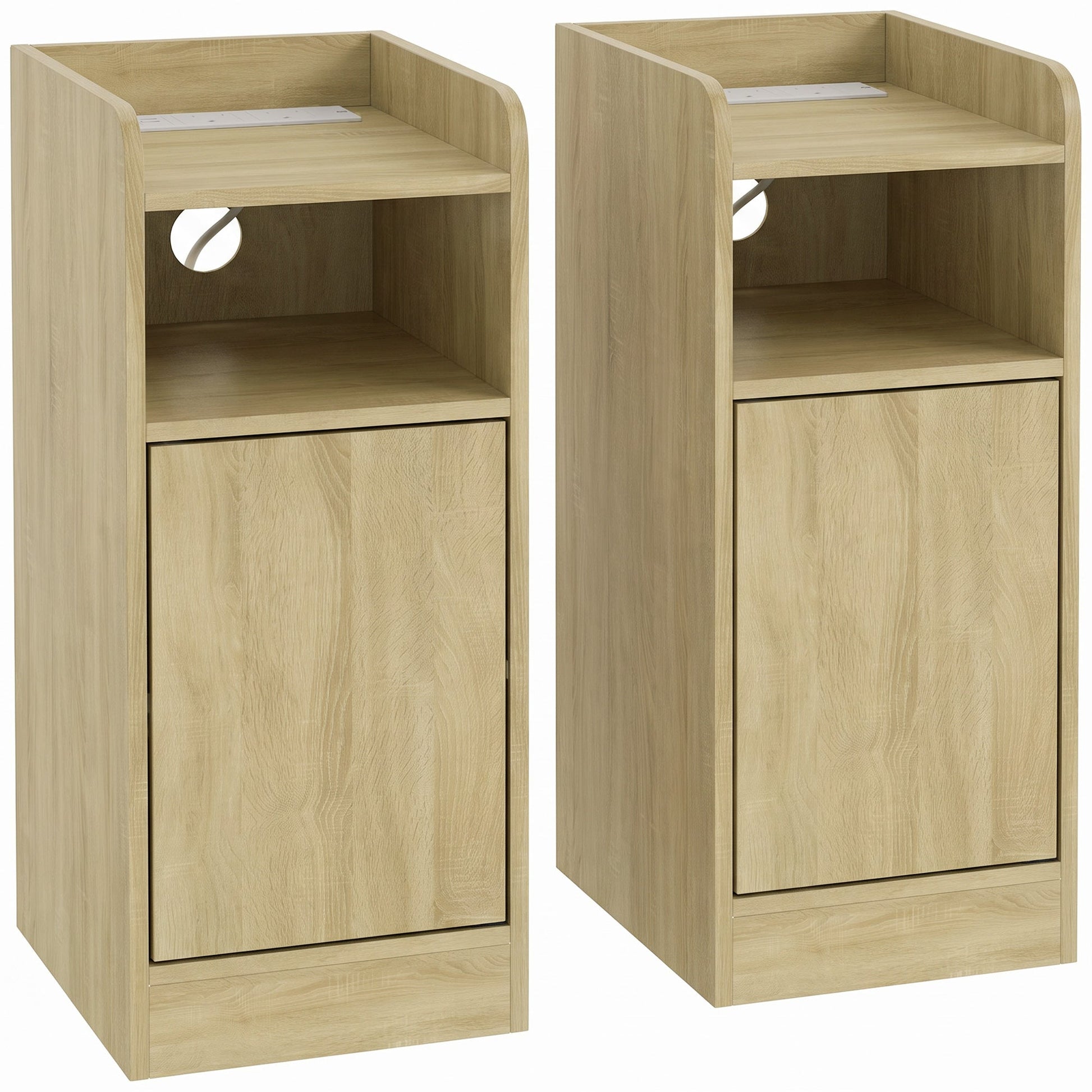 Slim Bedside Table Set of 2 with Charging Station, Narrow Bedside Cabinet with Open Compartment, Adjustable Shelf and Cupboard, Side End Table for Bedroom Living Room Compact Nooks, Oak