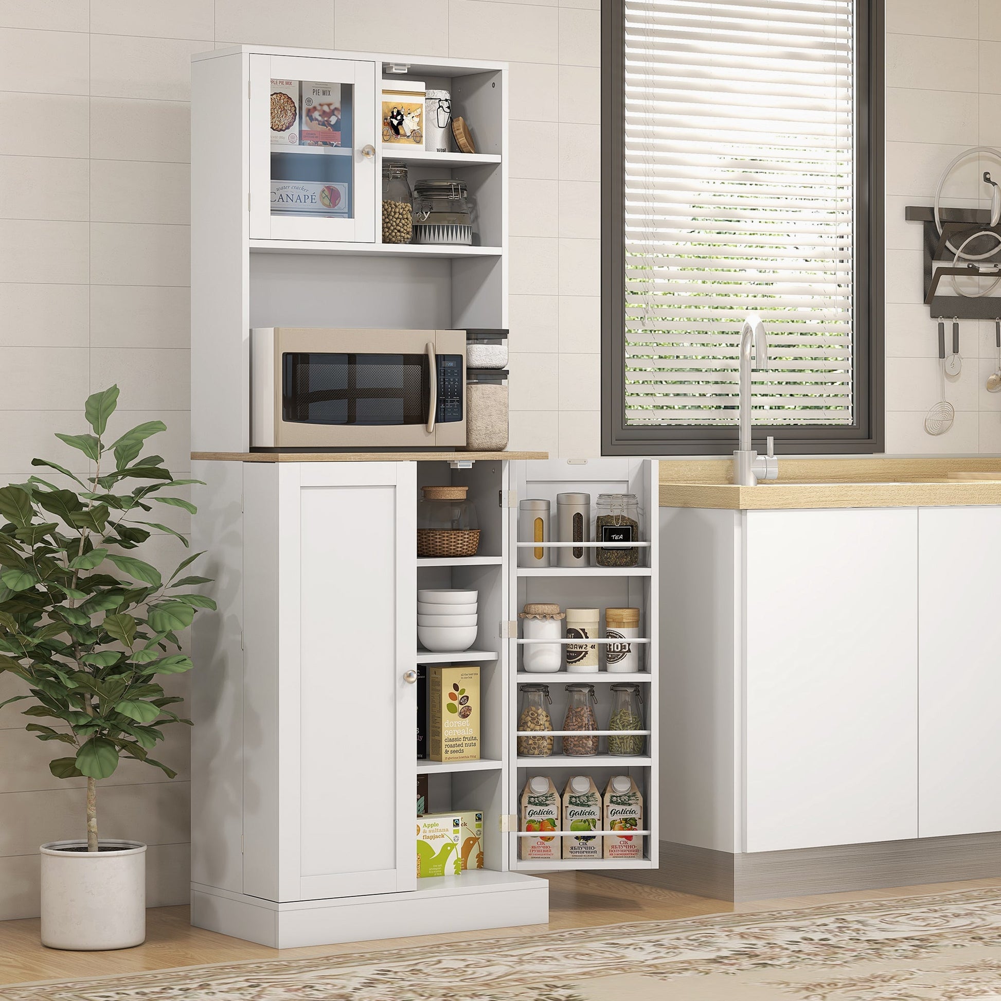 169cm Kitchen Cupboard, Freestanding Storage Cabinet with Microwave Shelf, Adjustable Shelves & 8 Door Storage, Modern Kitchen Pantry with Glass Door for Living Room, Dining Room, White