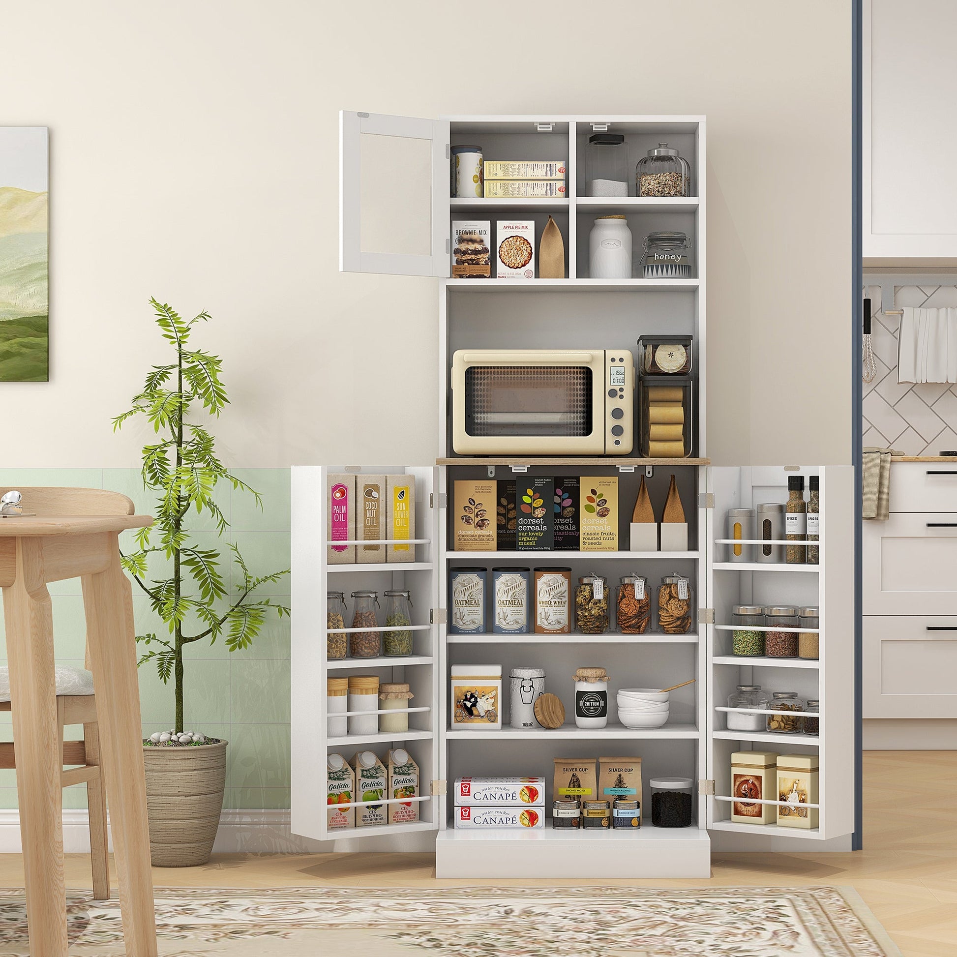 169cm Kitchen Cupboard, Freestanding Storage Cabinet with Microwave Shelf, Adjustable Shelves & 8 Door Storage, Modern Kitchen Pantry with Glass Door for Living Room, Dining Room, White