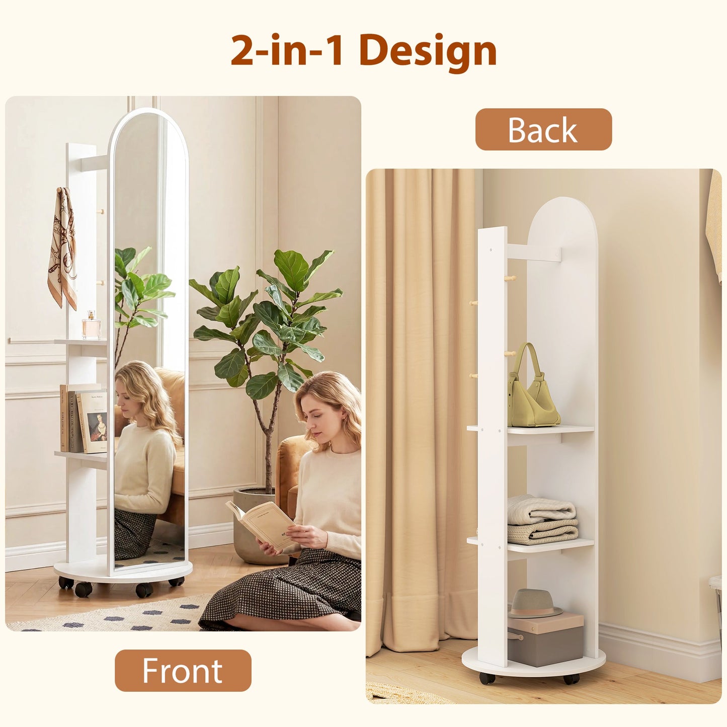 2-in-1 Full Length Mirror with Storage Shelves, Floor Mirror with 4 Universal Wheels, Coat Rack, 4 Hooks, Space-Saving Freestanding Organiser for Bedroom, Living Room, White