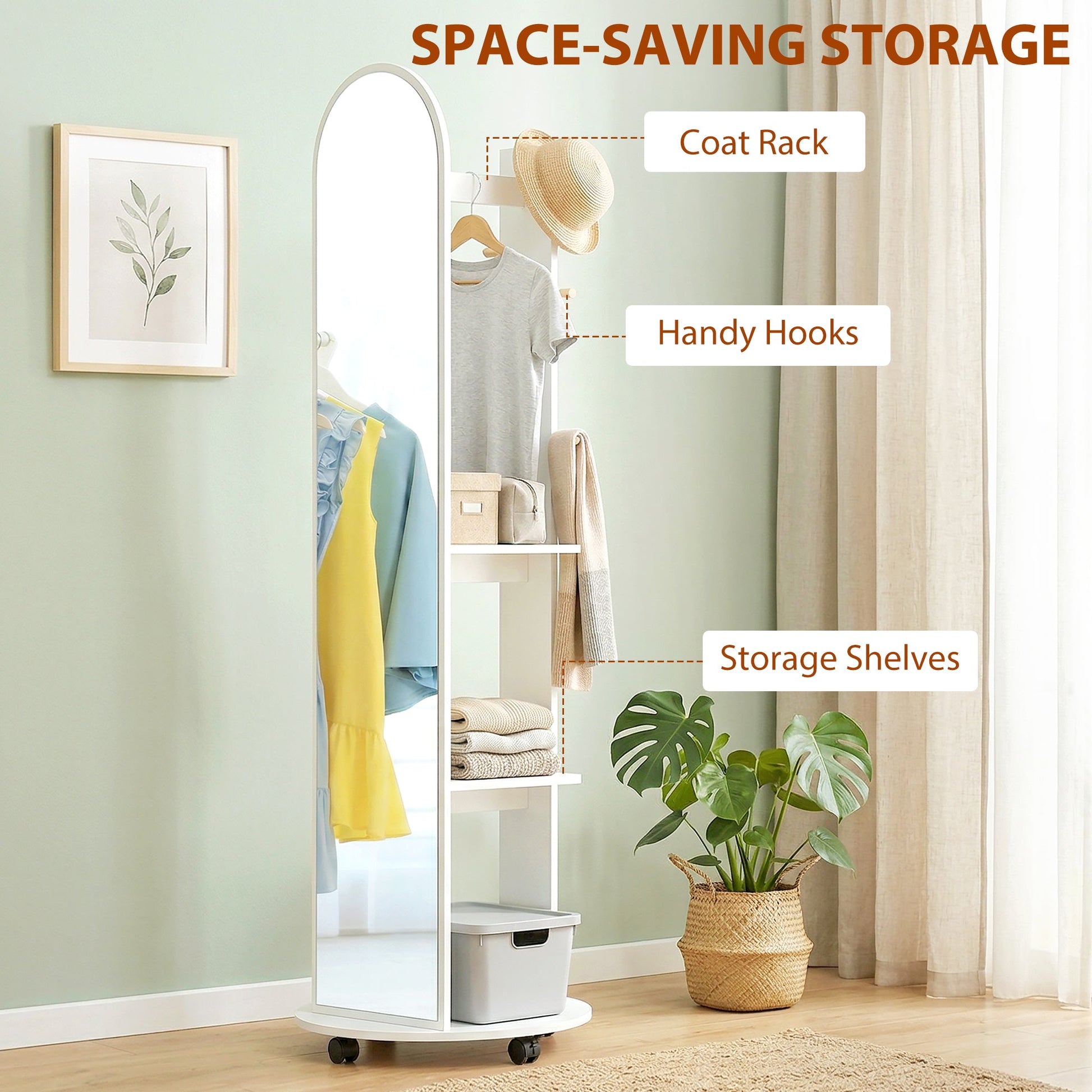 2-in-1 Full Length Mirror with Storage Shelves, Floor Mirror with 4 Universal Wheels, Coat Rack, 4 Hooks, Space-Saving Freestanding Organiser for Bedroom, Living Room, White