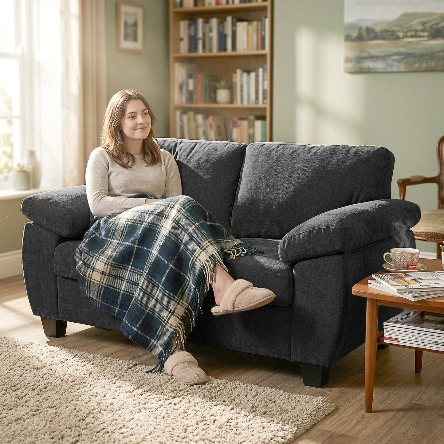 2 Seater Sofa, 156cm Chenille Loveseat Sofa with Thick Spring Cushions, Wide Padded Armrests, Couch Settee for Small Space, Living Room, Bedroom, Home Office, 300KG Capacity, Dark Grey