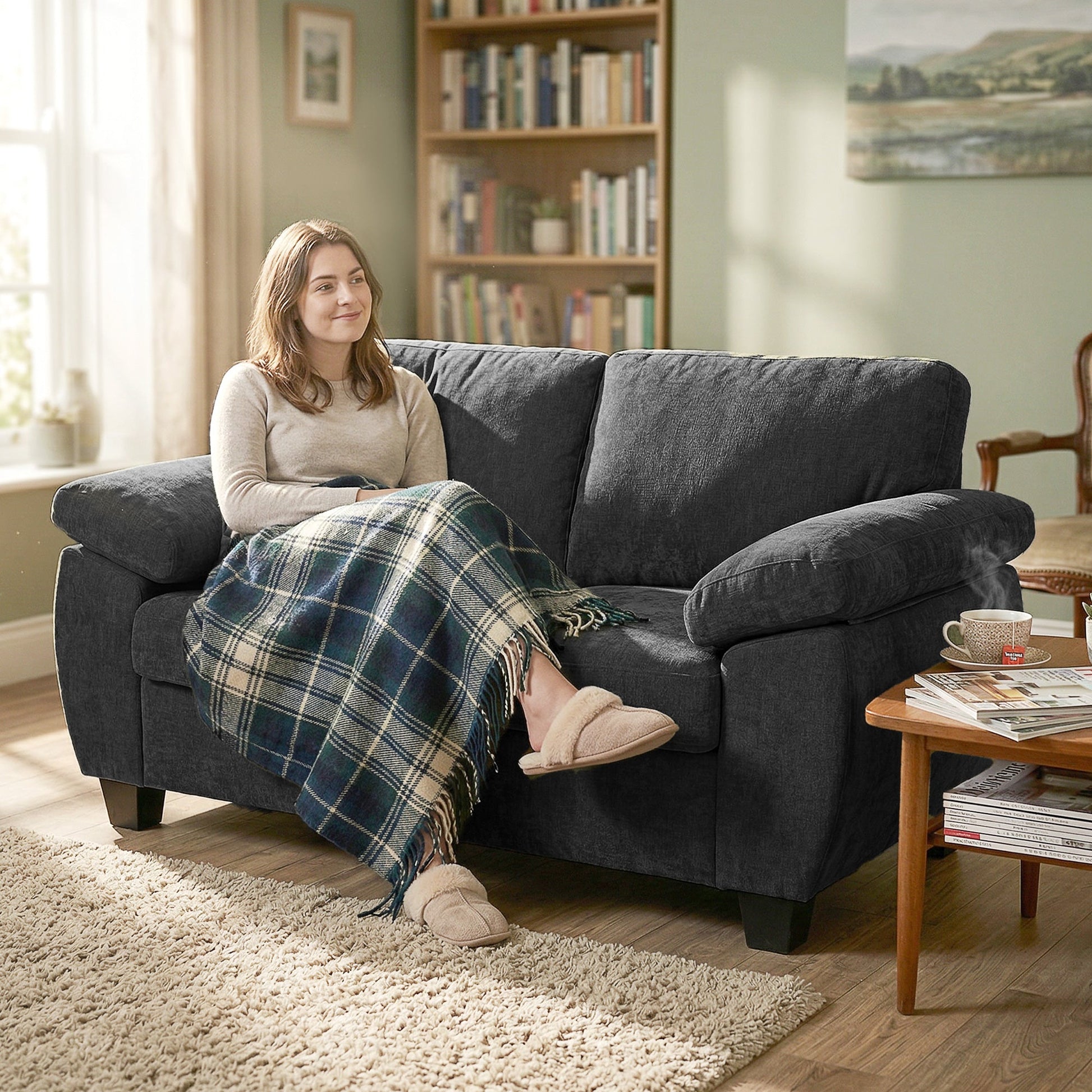 2 Seater Sofa, 156cm Chenille Loveseat Sofa with Thick Spring Cushions, Wide Padded Armrests, Couch Settee for Small Space, Living Room, Bedroom, Home Office, 300KG Capacity, Dark Grey