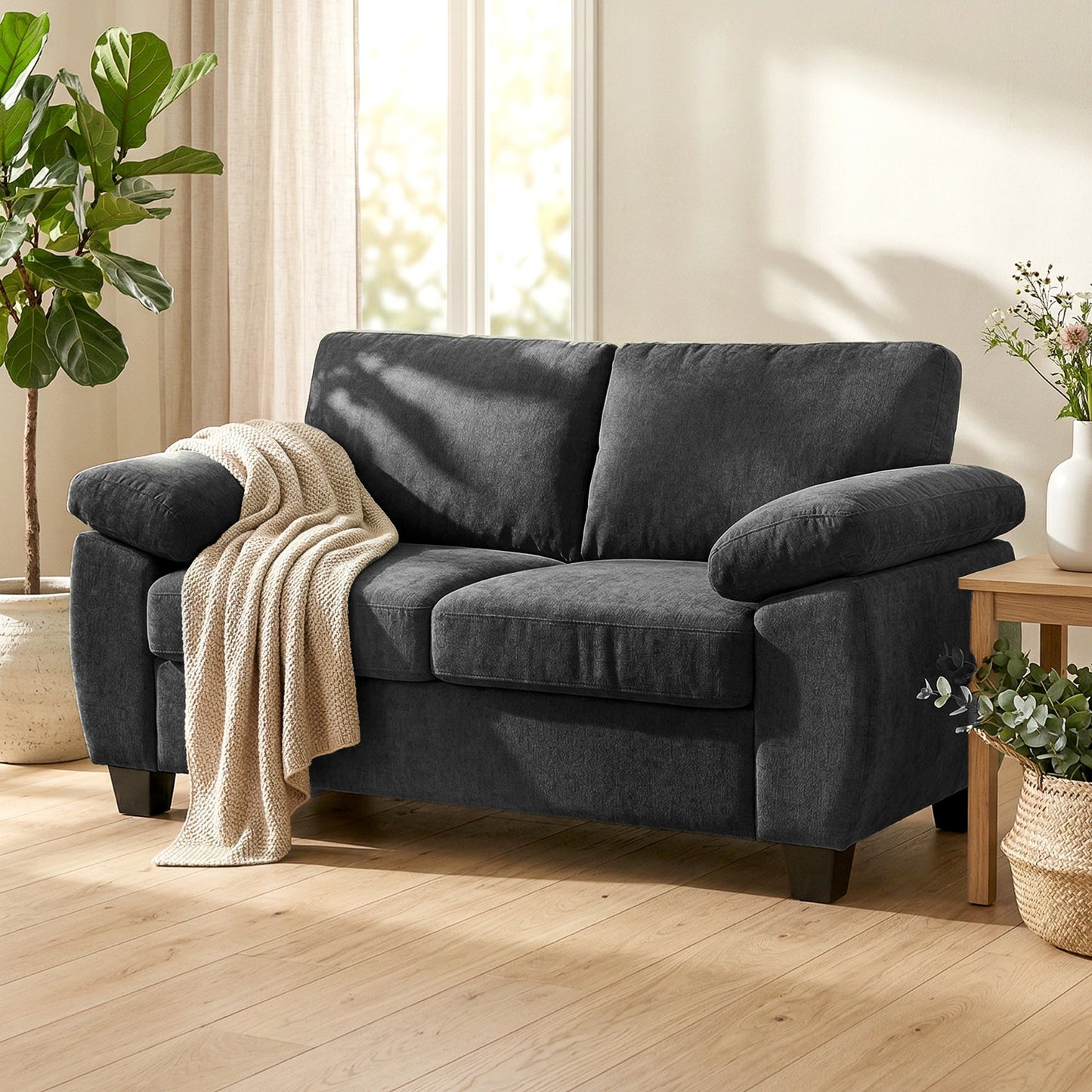 2 Seater Sofa, 156cm Chenille Loveseat Sofa with Thick Spring Cushions, Wide Padded Armrests, Couch Settee for Small Space, Living Room, Bedroom, Home Office, 300KG Capacity, Dark Grey
