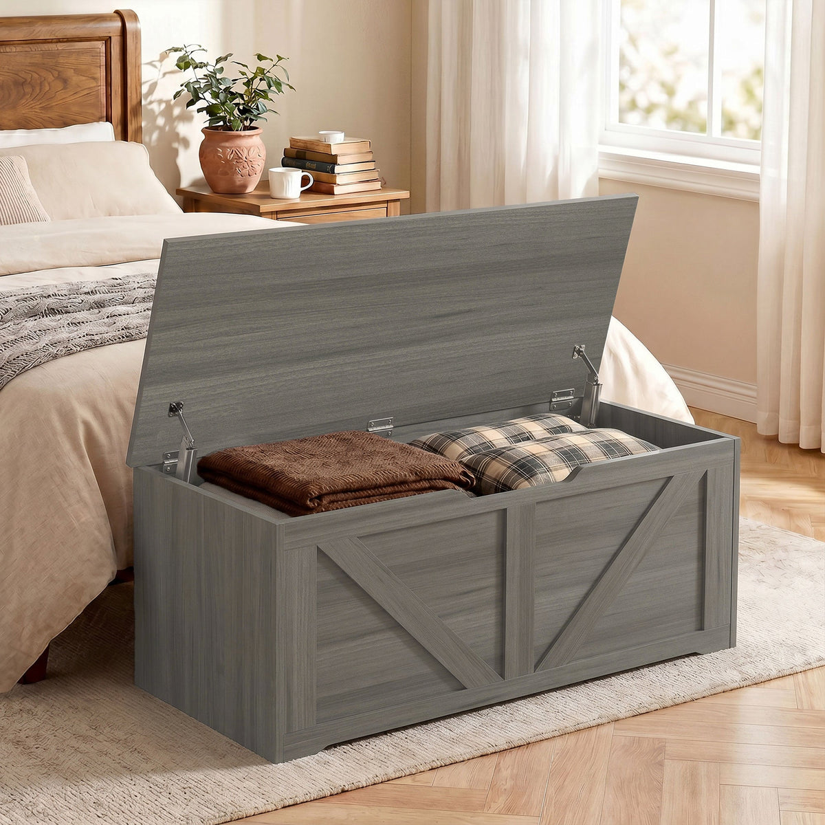 127L Storage Chest, Shoe Storage Trunk Bench Box with 2 Safety Hinges and U-shaped Cut-out Pull, Blanket Box Ottoman for Bedroom, Living Room, Entryway, 100 x 40 x 45 cm, Dark Grey Wood-Effect