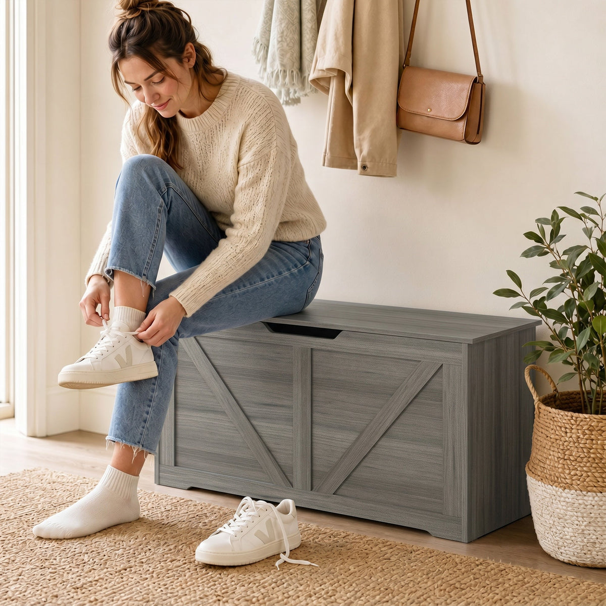 127L Storage Chest, Shoe Storage Trunk Bench Box with 2 Safety Hinges and U-shaped Cut-out Pull, Blanket Box Ottoman for Bedroom, Living Room, Entryway, 100 x 40 x 45 cm, Dark Grey Wood-Effect