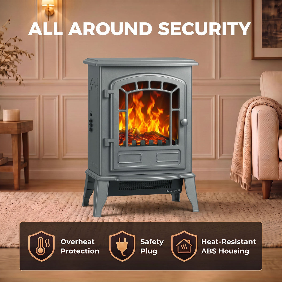 Electric Fireplace Stove Freestanding Log Burner, 1000W/2000W, Portable Electric Fire Fan Heater with LED Flame Effect, Adjustable Thermostat, Overheat Protection, Grey