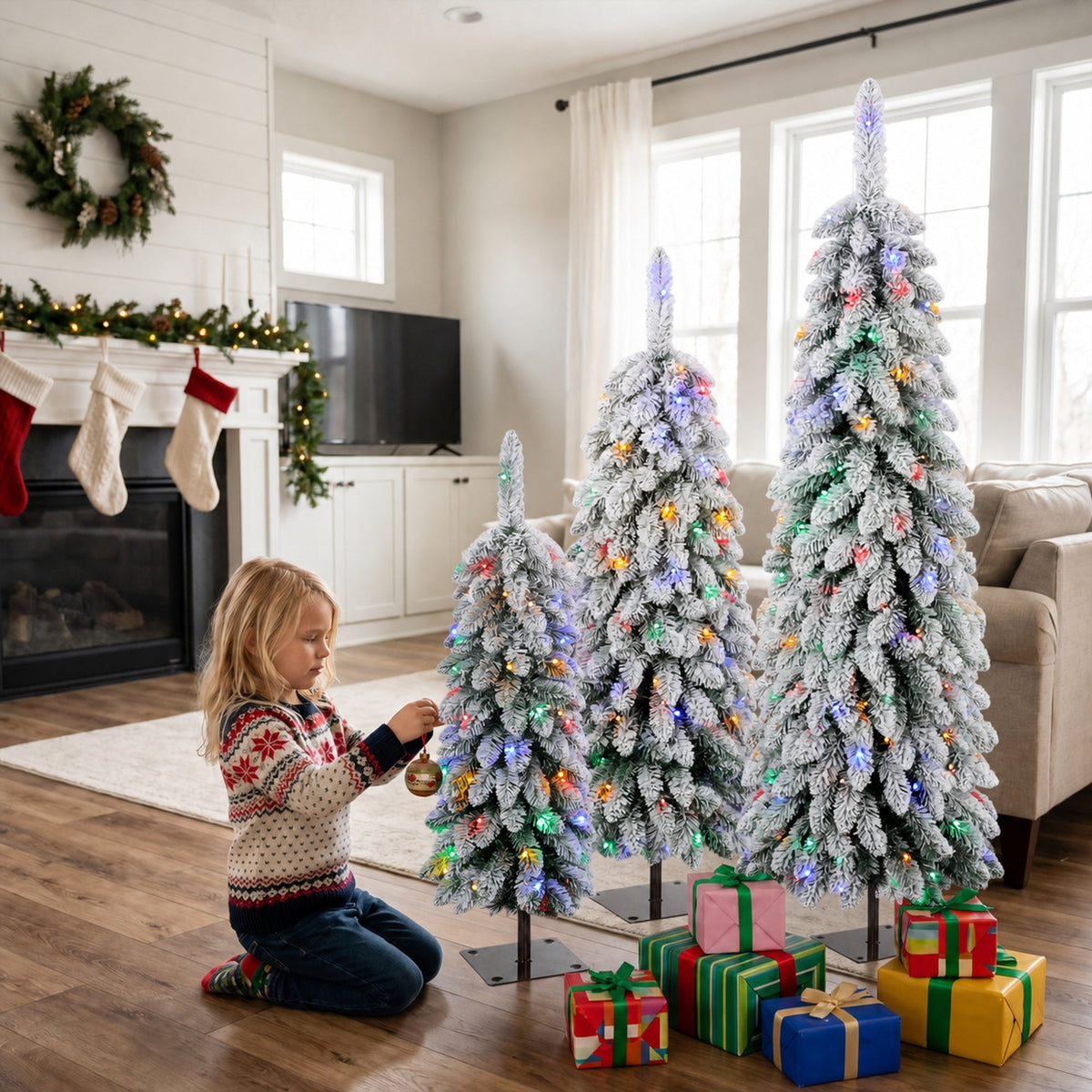 Artificial Christmas Tree Set of 3, Snowy Pre-Lit Christmas Trees with PVC Branch Tips and Multicolour LED Lights, Slim Pencil Xmas Decorations, 90/120/150 cm, Green White