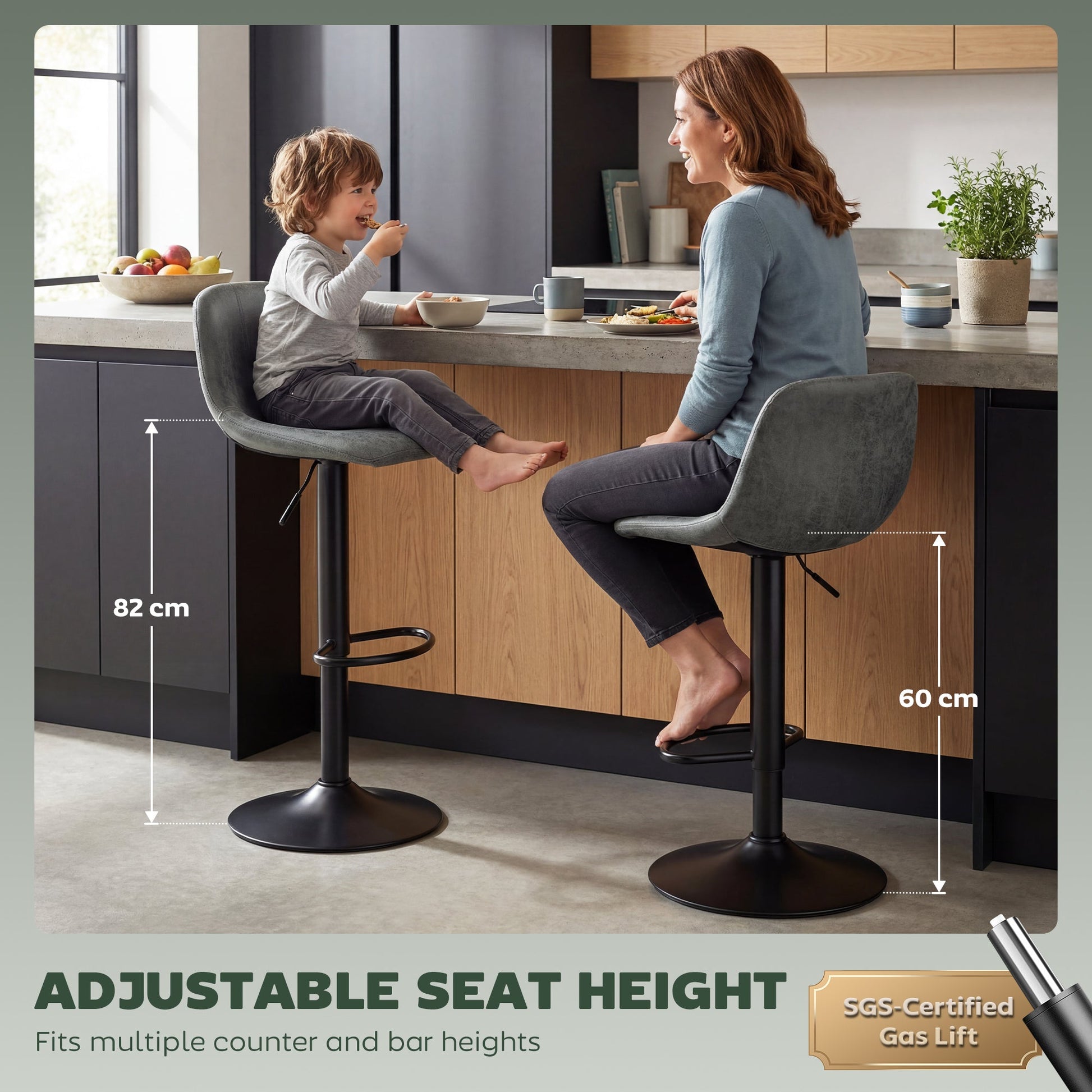 Bar Stools Set of 2, Modern Swivel Barstools, Height Adjustable Breakfast Bar Chairs with Footrest for Kitchen Island and Dining Room, Green