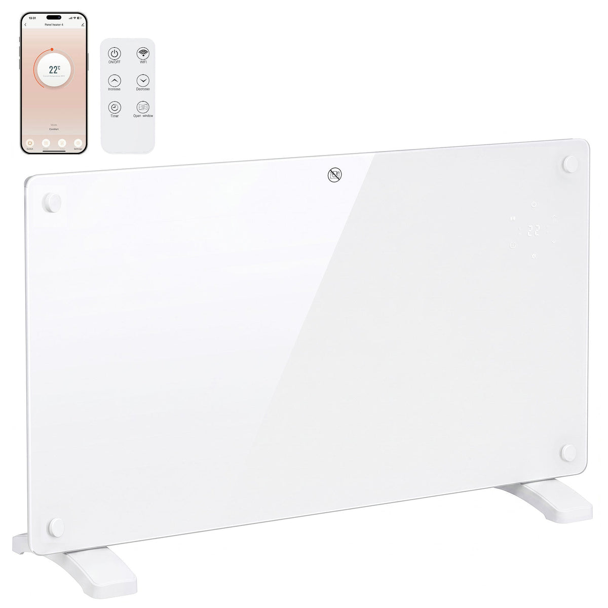 1500W Smart Glass Panel Heater Wall Mounted & Freestanding, Wifi Enabled, Works With Alexa & Google Home, Electric Heater with Weekly Timer, Open Window & Anti-Frost Mode, Thermostat, White