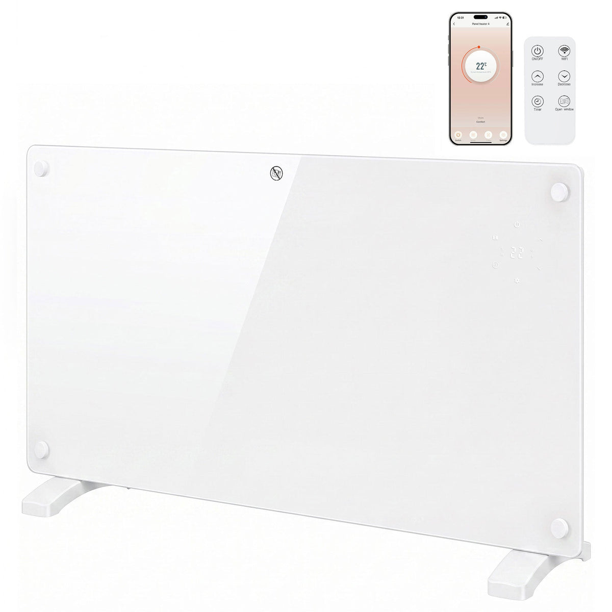 1500W Smart Glass Panel Heater Wall Mounted & Freestanding, Wifi Enabled, Works With Alexa & Google Home, Electric Heater with Weekly Timer, Open Window & Anti-Frost Mode, Thermostat, White