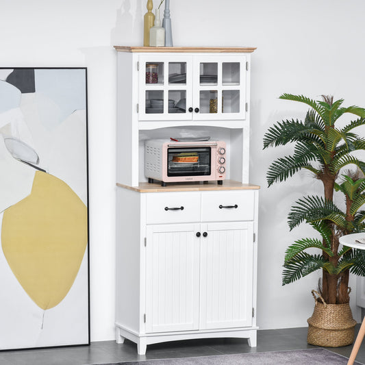 Freestanding Kitchen Cupboard, Kitchen Storage Cabinet with Framed Glass Doors, 2 Drawers, Microwave Counter, 172cm, White