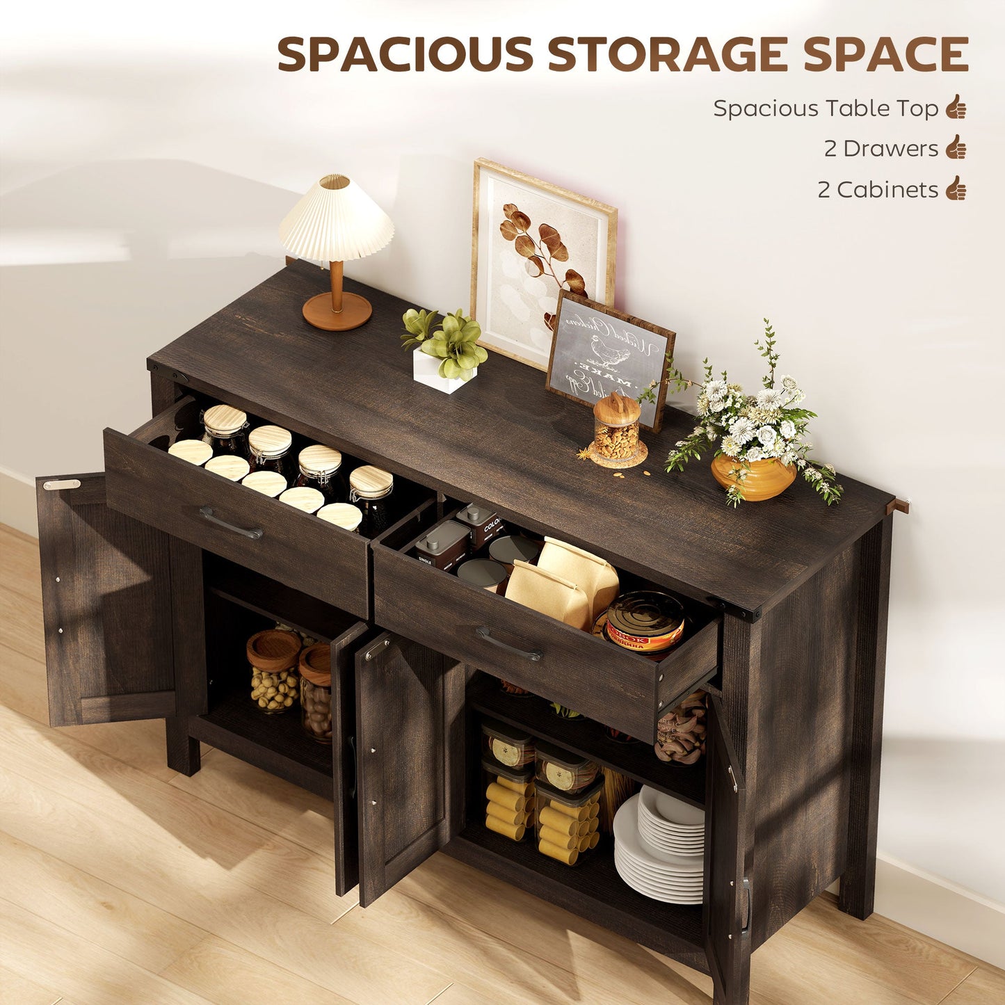 Sideboard Buffet Cabinet, Farmhouse Storage Cabinet, Kitchen Cupboard with 4 Doors, 2 Drawers and 2 Adjustable Shelves for Dining Room, Living Room, Dark Brown