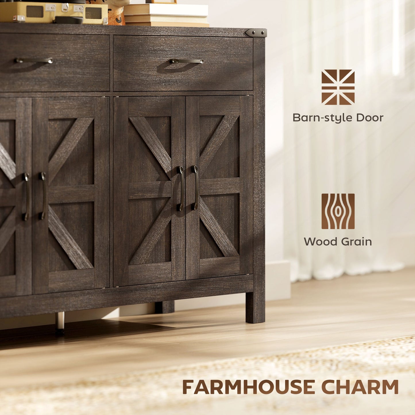 Sideboard Buffet Cabinet, Farmhouse Storage Cabinet, Kitchen Cupboard with 4 Doors, 2 Drawers and 2 Adjustable Shelves for Dining Room, Living Room, Dark Brown